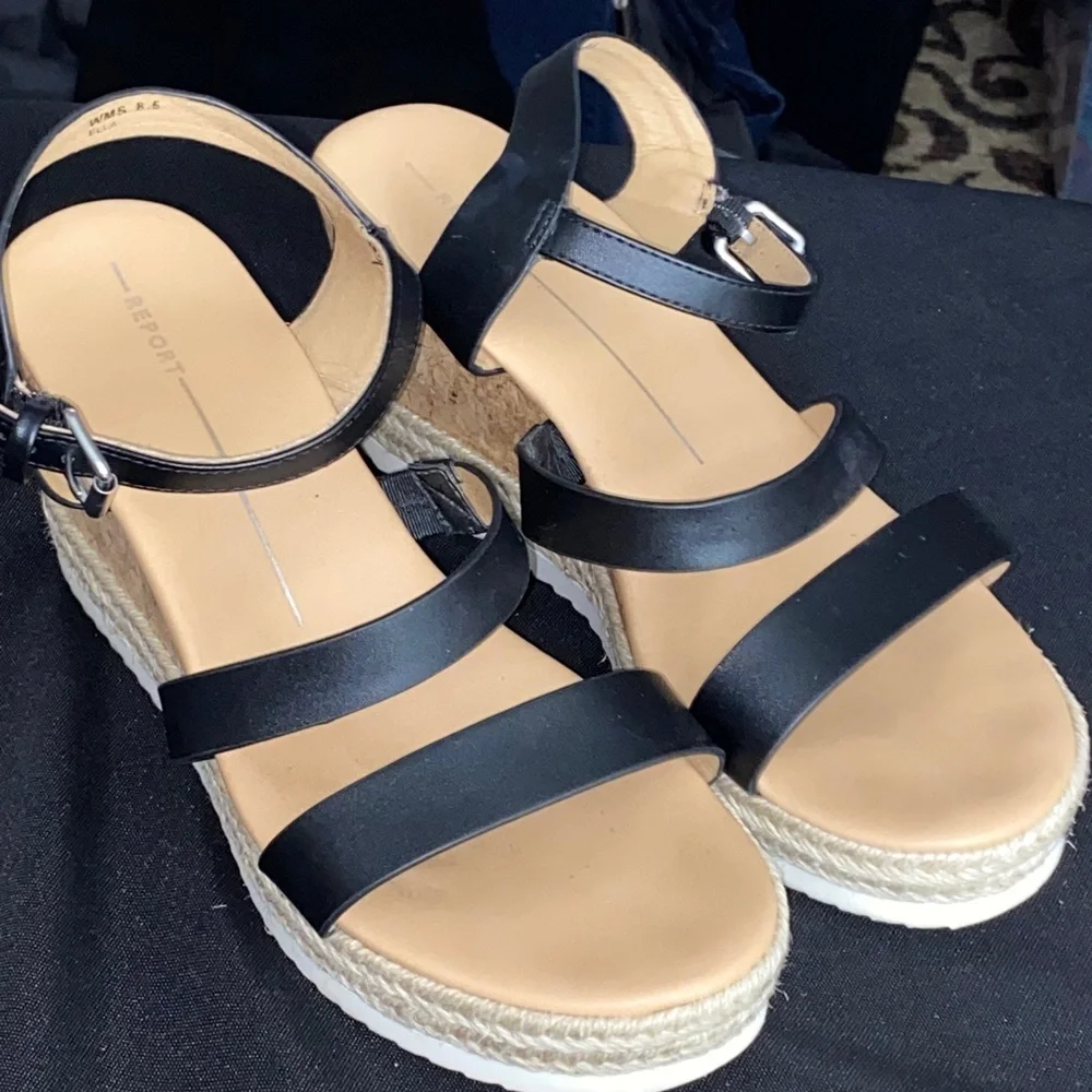Report ELLA Black Espadrille Wedge cork and Jute‎ wo size 8.5 Sandals. GUC CLEAN